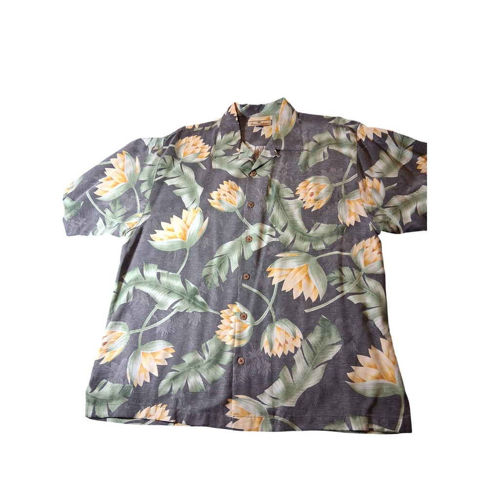 Tommy Bahama Mens Large Silk Camp Shirt Tropical Floral Gray Yellow Button Down